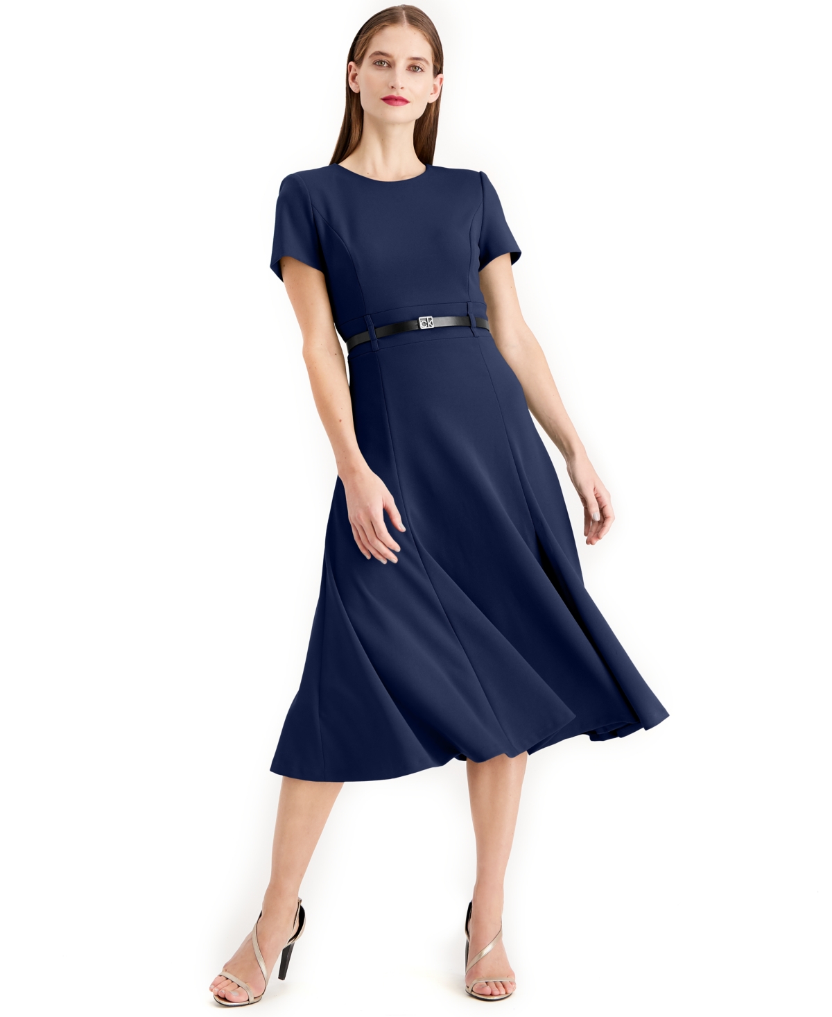 Calvin Klein Women's Belted Fit & Flare Midi Dress In Indigo