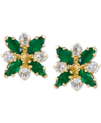 Emerald (3/4 ct. t.w.) & White Topaz (1/3 ct. t.w.) Flower Stud Earrings in 10k Gold
