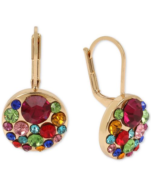 Betsey Johnson Gold Tone Multicolor Crystal Cluster Drop Earrings