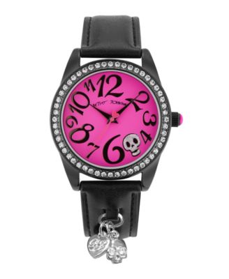 Betsey Johnson Women s Skull Charm Black Leather Strap Watch 40Mm Macy s