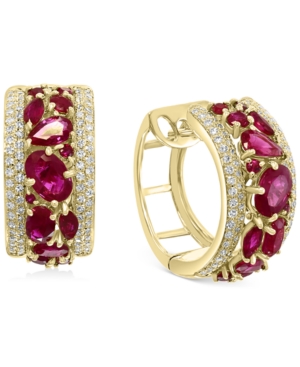 image of Effy Certified Ruby (3-1/2 ct. t.w.) & Diamond (5/8 ct. t.w.) Small Huggie Hoop Earrings in 14k Gold