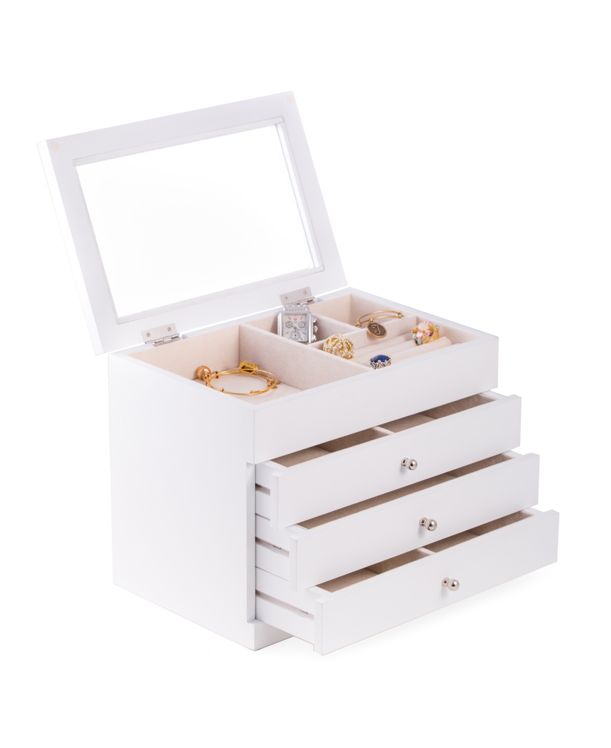Jewelry Case with 3 Drawers and Glass see-through Top - Multi