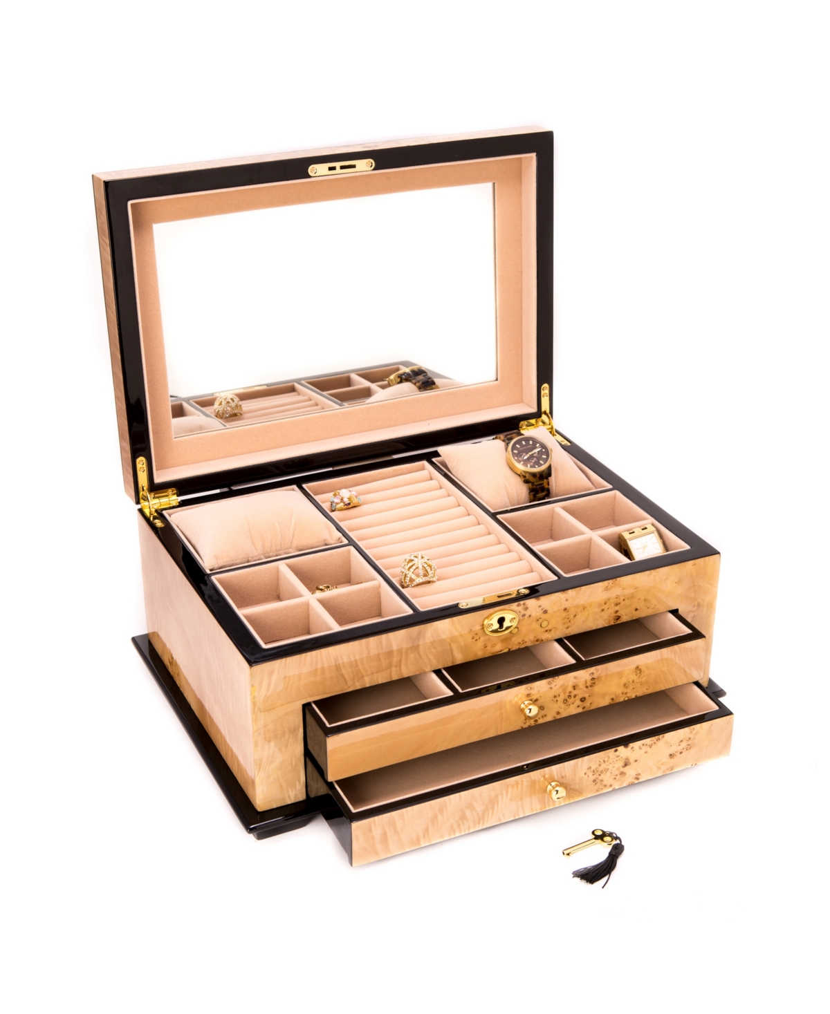 Birdseye Maple 3 Level Jewelry Box with Gold tone Accents and Locking Lid - Multi