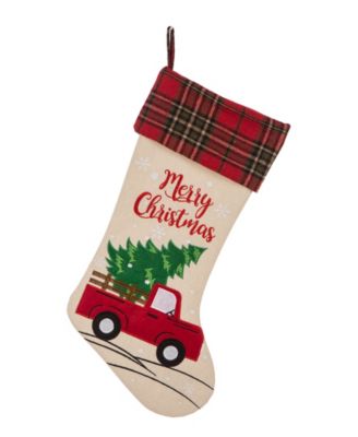 Glitzhome 21 in. L Embroidered Linen Christmas Stocking - Red Truck