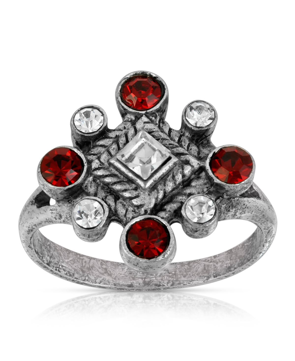 2028 Pewter Crystal Diamond Shaped Ring In Red