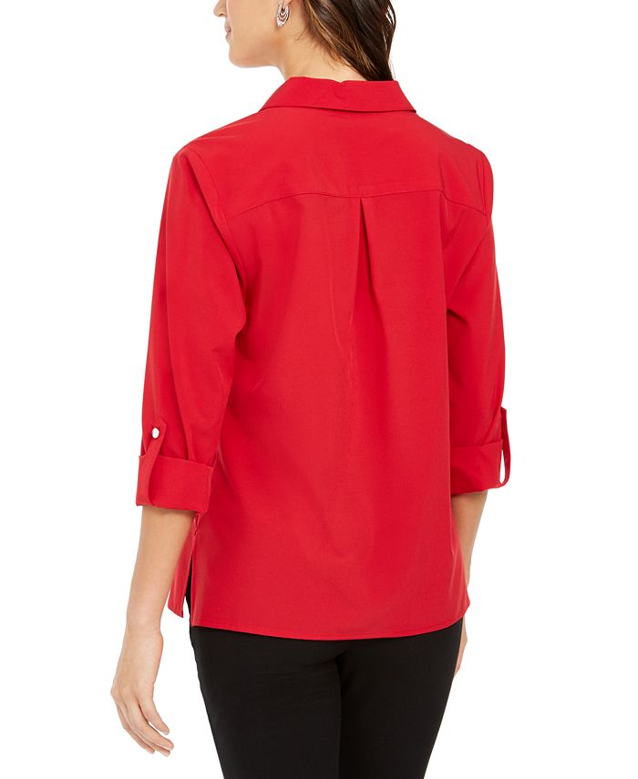 NY Collection Split-Neck Roll-Tab Blouse - Macy's
