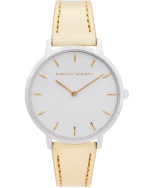 image of Rebecca Minkoff Women-s Major Gold-Tone Metallic Leather Strap Watch 35mm