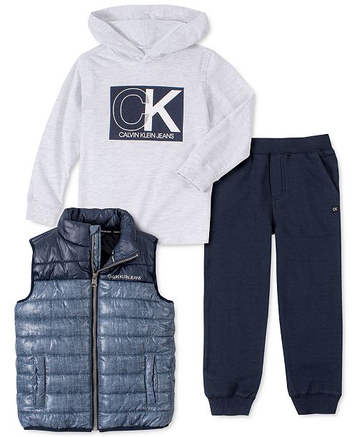 Calvin Klein Baby Boys 3 Pc Vest Hooded Top Fleece Pants Set