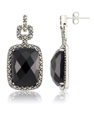 image of Marcasite and Faceted Onyx Square Post Earrings in Sterling Silver