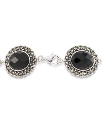 Marcasite and Faceted Onyx Oval 7.25" Link Bracelet in Sterling Silver