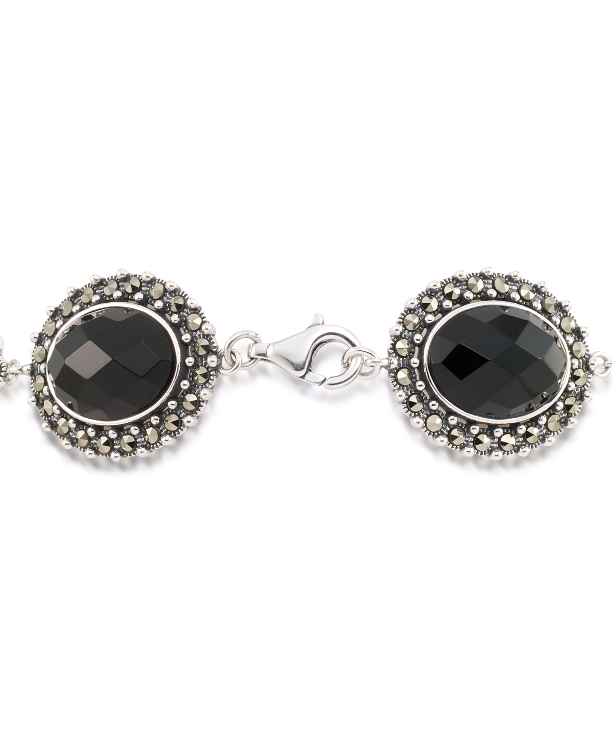 Macy's Marcasite And Faceted Onyx Oval 7.25" Link Bracelet In Sterling Silver In Onyx