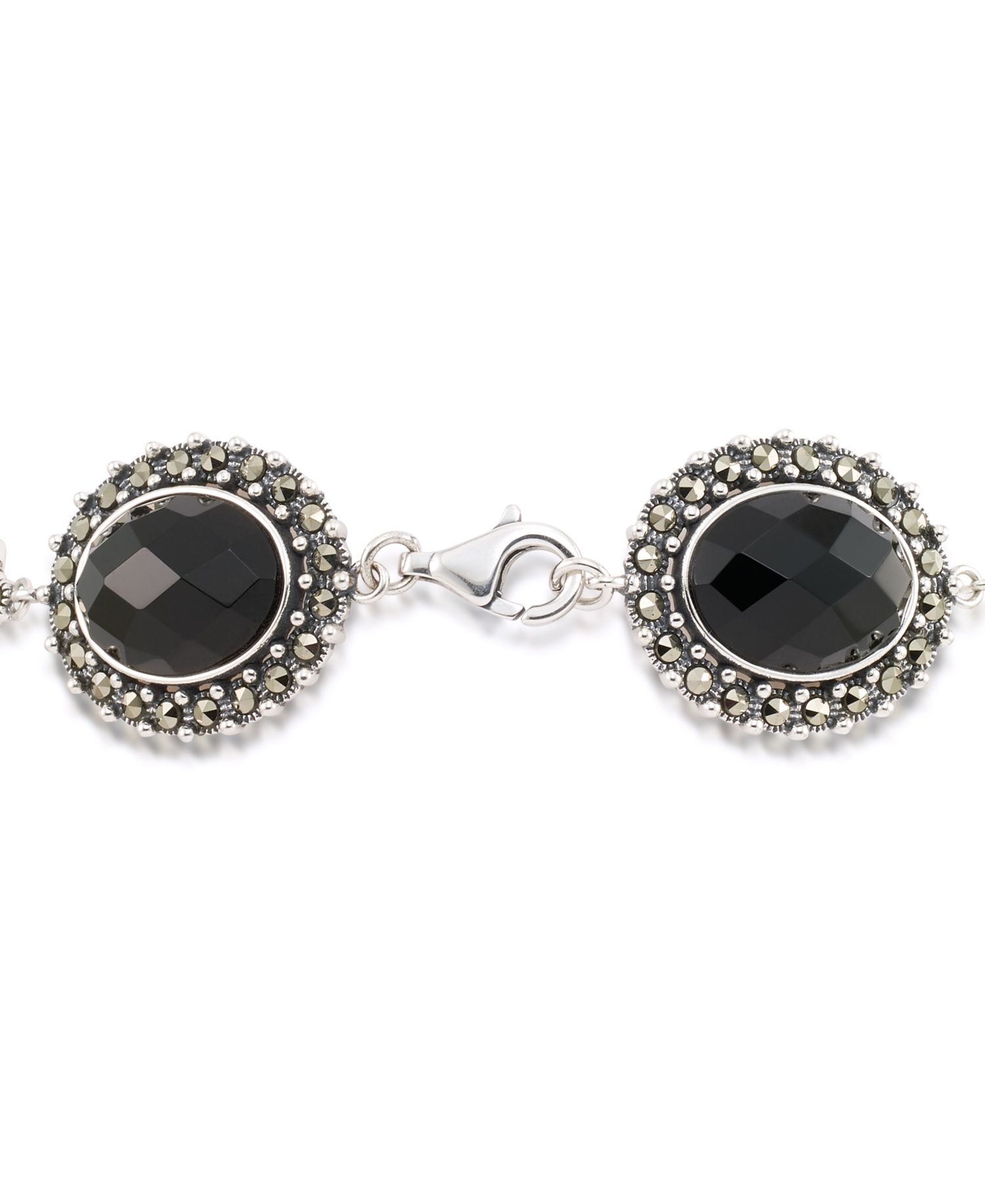 Marcasite and Faceted Onyx Oval 7.25" Link Bracelet in Sterling Silver