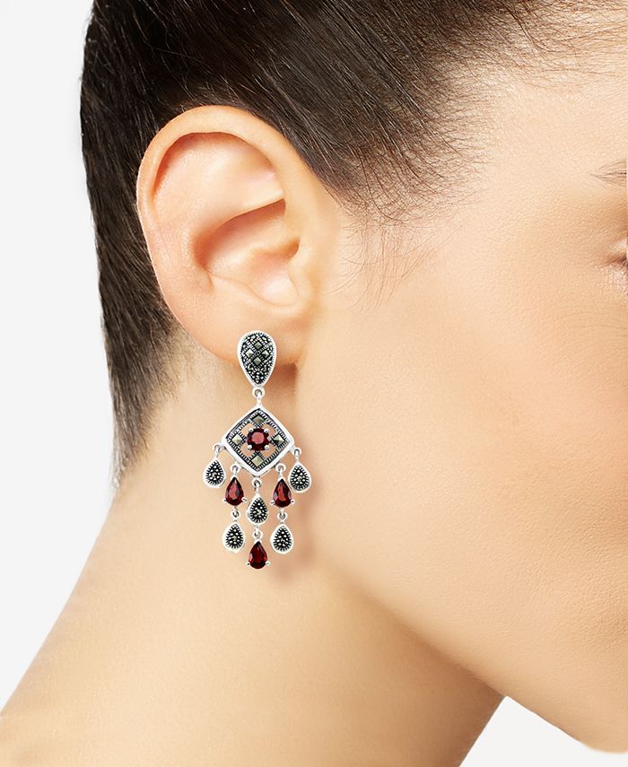 Macy's - Marcasite and Garnet (3-3/4 ct. t.w.) Chandelier Post Earrings in Sterling Silver