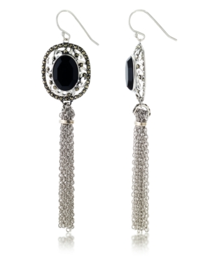 image of Marcasitre Faceted Onyx Tassel Wire Earrings in Sterling Silver