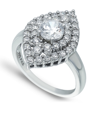 image of Cubic Zirconia 2 Row Kite Halo with Round Prong Center Stone Ring in Fine Silver Plate
