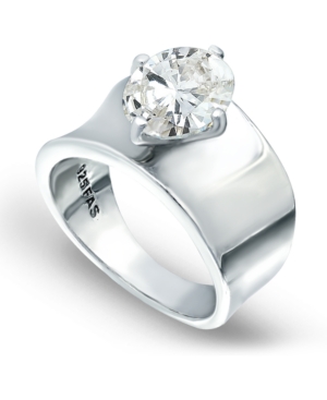 image of Cubic Zirconia Prong Set Oval Stone on Polished Cigar Band in Fine Silver Plate