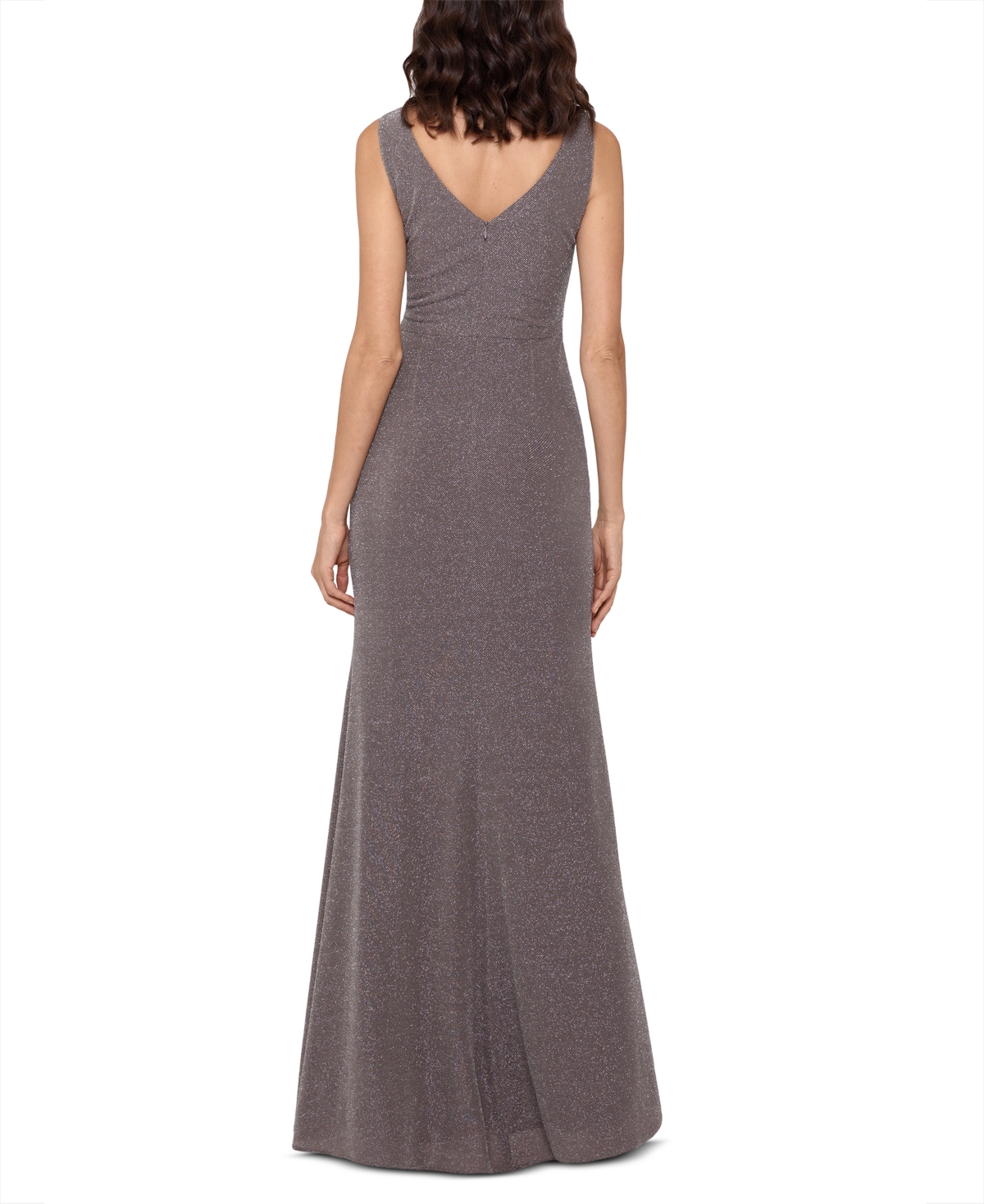 Betsy & Adam Women's Sleeveless Cascade-Front Glitter Gown -Silver