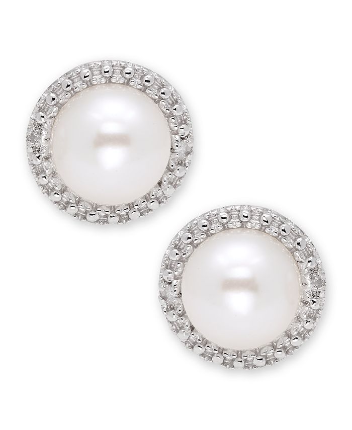 Macy's - Cultured Freshwater Pearl (6 mm) Diamond Accent Earrings in Sterling Silver