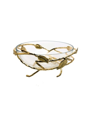 Classic Touch Hammered Glasses Salad Bowl With Gold-tone Brass Leaf Decoration