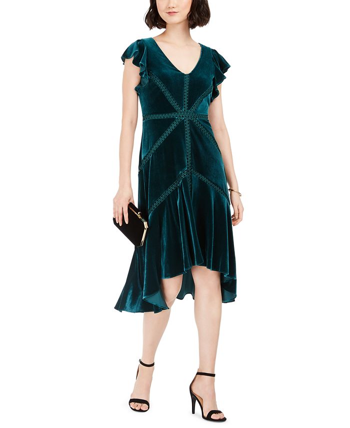 velvet flutter sleeve midi dress with tie waist