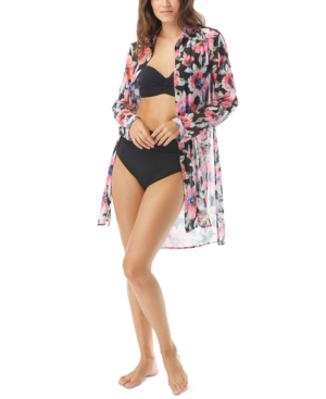 image of Carmen Marc Valvo Floral-Print Shirt Swim Cover-Up Women-s Swimsuit