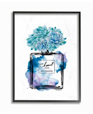 Watercolor Fashion Perfume Bottle with Blue Flowers Framed Texturized Art, 11" L x 14" H