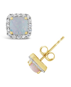 image of Halo Stud Earrings in 10k Yellow. Created Blue Sapphire (1-3/8 ct. t.w.) and Created Opal (1/2 ct. t.w.)