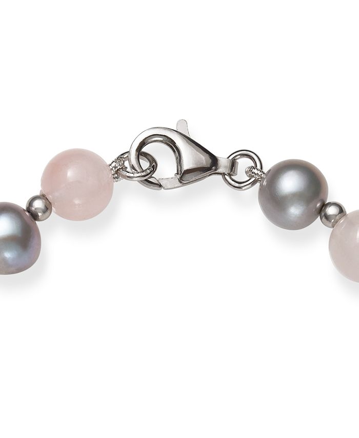 Macy's - Gray Cultured Freshwater Pearl 7.5-8.5mm and Rose Quartz 8mm 18" Necklace with Sterling Silver Beads