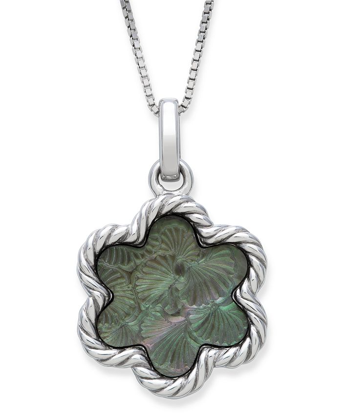 Macy's - Engraved Black Mother of Pearl 13mm Flower Pendant with 18" Chain in Sterling Silver