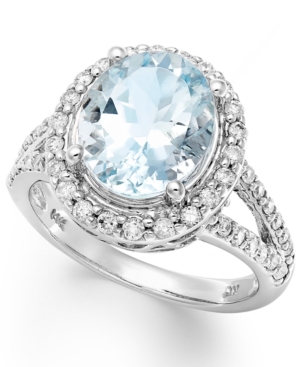 image of 14k White Gold Ring, Aquamarine (3-1/4 ct. t.w.) and Diamond (1/2 ct. t.w.) Oval Ring