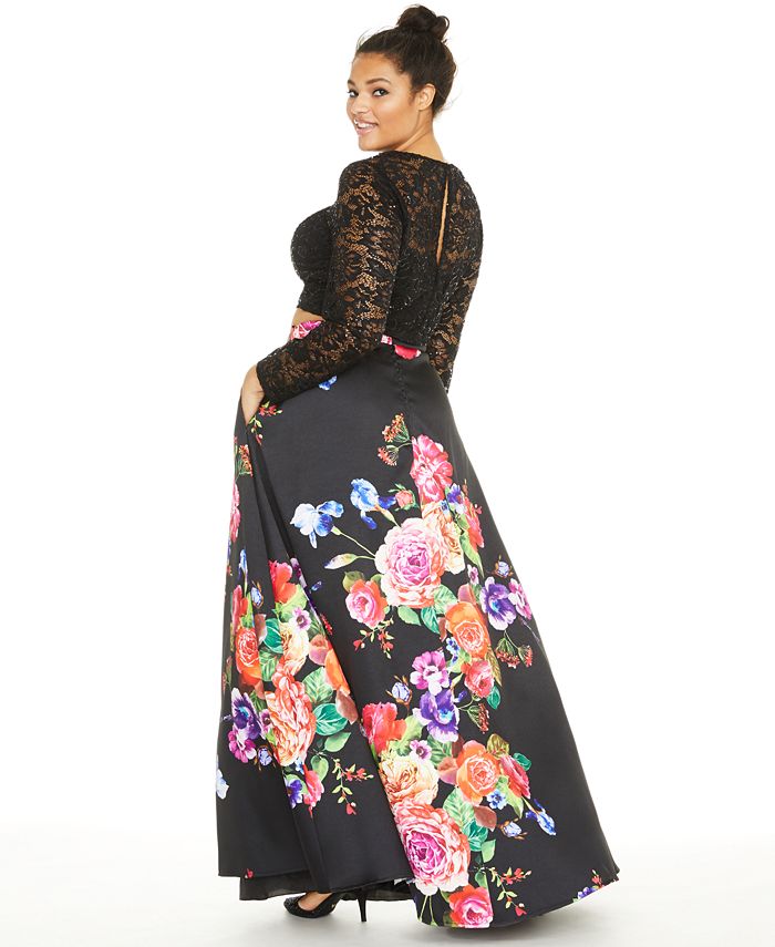B Darlin Junior's 2 Pc Lace & Floral Print Gown Black Size 9-10