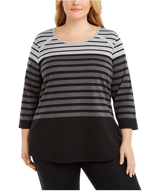 Karen Scott Plus Size Striped 3 4 Sleeve Top Created For Macy S