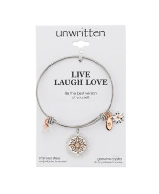 Unwritten "Live Laugh Love" Flower Bangle Bracelet in Stainless Steel & Rose Gold-Tone with Silver Plated Charms