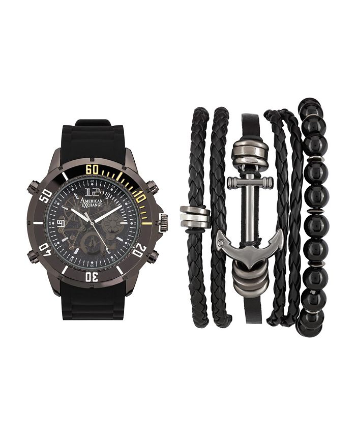 American Exchange Men's Black/Grey Analog Quartz Watch And Stackable ...