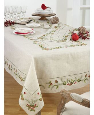 Christmas Table Runner with Embroidered Pinecone and Holly Design