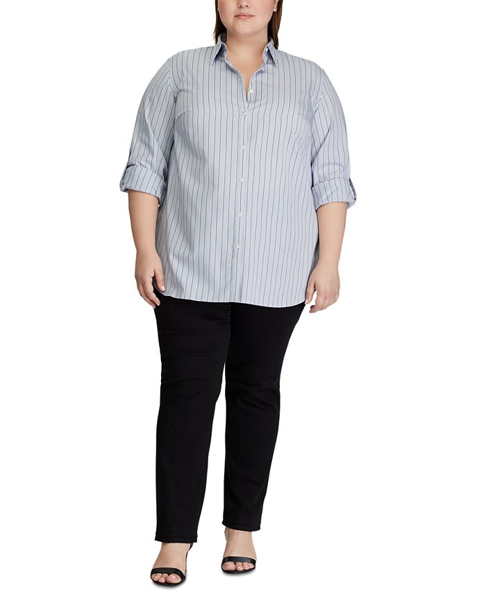 Ralph Lauren Women's Pocketed Striped Roll Tab Sleeve Point Collar Button Up Top Blue Size Medium