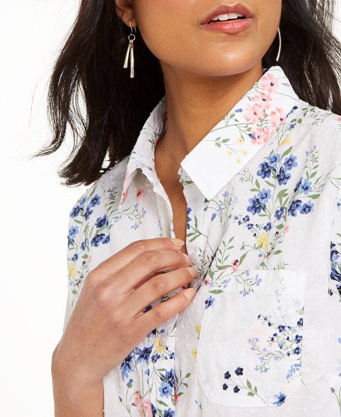 Karen Scott Cotton Clip-Dot Floral-Print Shirt, Created for Macy's - Macy's