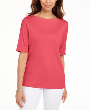 Karen Scott Cotton Boat-neck Top, Created For Macy's In Peony Coral