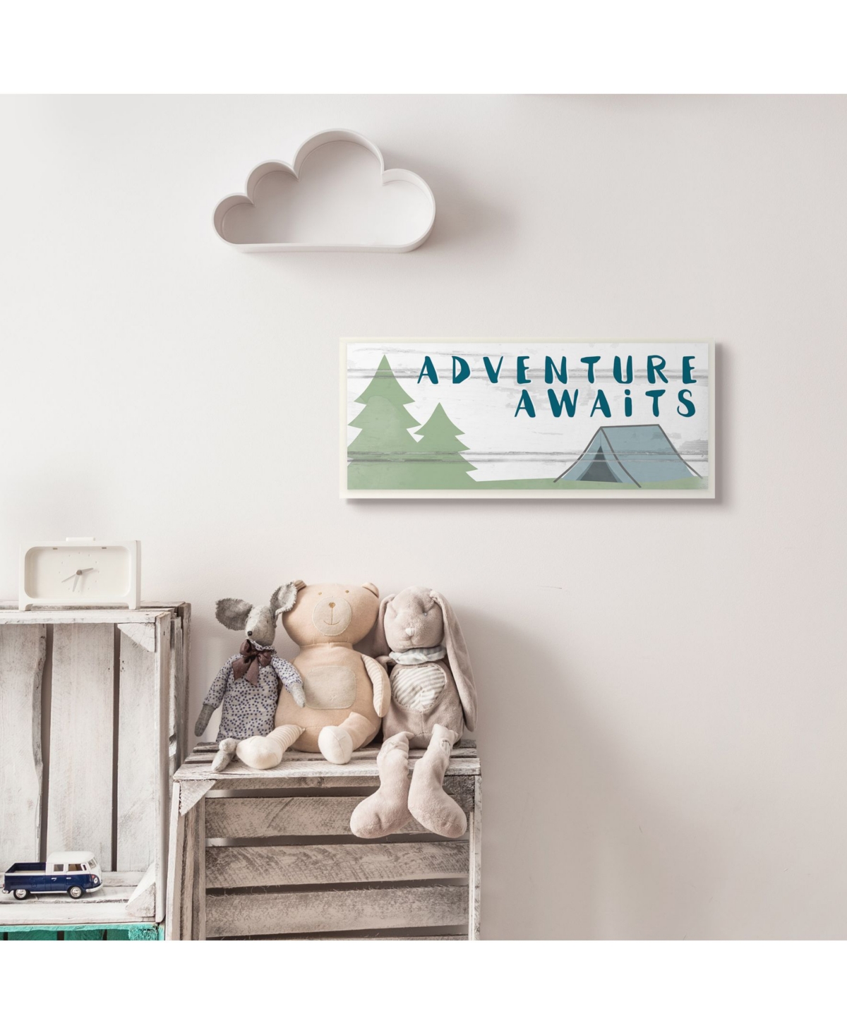 Stupell Industries The Kids Room by Stupell Adventure Awaits Camping Scene with Trees Planked Look Sign Wall Plaque Art, 7