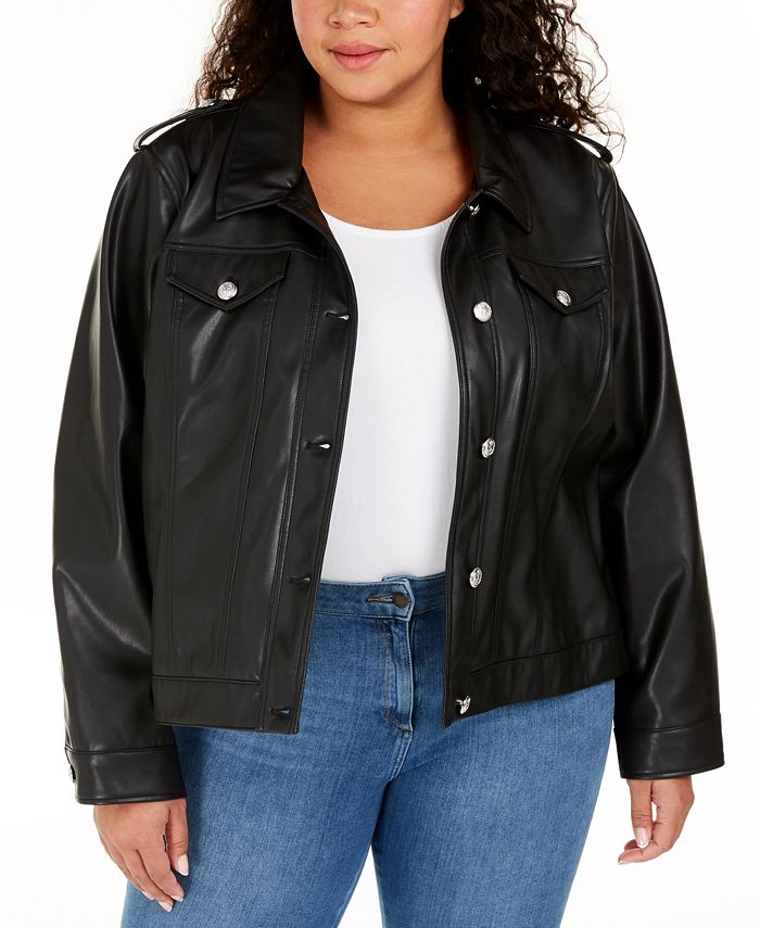 Calvin Klein Plus Size Button-Front Faux-Leather Jacket - Macy's