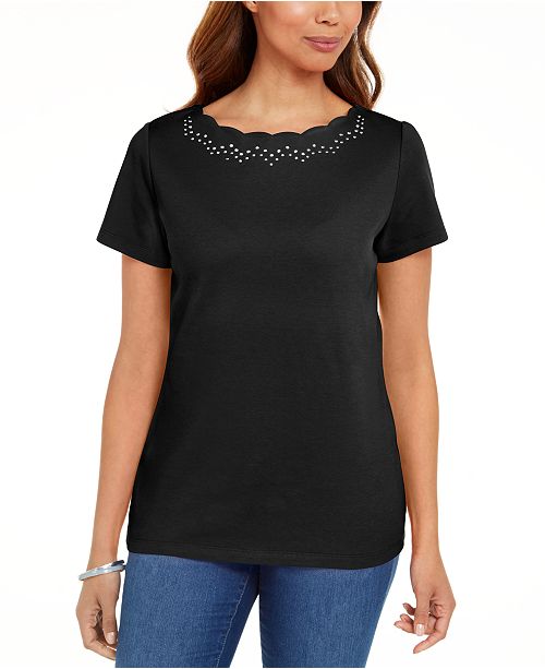 Karen Scott Cotton Scalloped Neck T Shirt Created For Macy S Reviews Tops Women Macy S