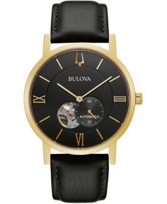 Bulova - Men's Automatic Clipper Black Leather Strap Watch 42mm