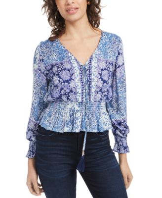 Angie - Juniors' Lace-Up Smocked-Waist Top