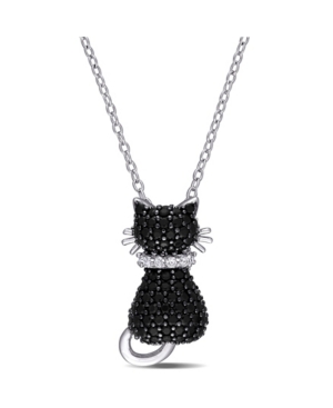 image of Black Spinel (2 1/3 ct. t.w.) and Created White Sapphire Accent (0.06 ct. t.w.) Kitty Cat Necklace in Sterling Silver