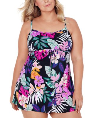 Swim Solutions Plus Size Floral-Print Empire Swimdress, Created for ...