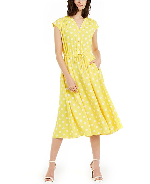Anne Klein Dotted Drawstring Waist Midi Dress Reviews Dresses