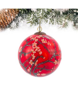 La Pastiche by Overstockart Branches of An Almond Tree in Blossom, Red Hand Painted Glass Ornament by Vincent Van Gogh, 3.5" x 3.5", 3.5" x 3.5"