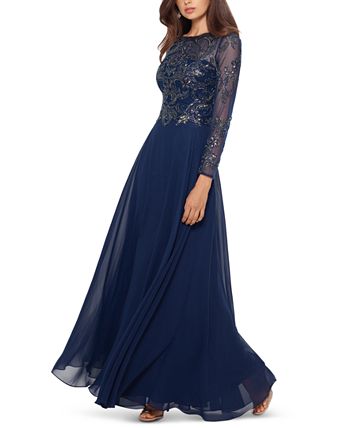 XSCAPE Women's Sequin Embellished Long Sleeve Chiffon Gown - Macy's