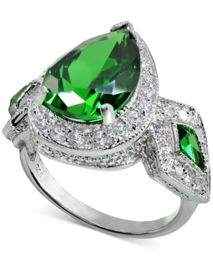 image of Cubic Zirconia Green Teardrop Halo Statement Ring in Sterling Silver