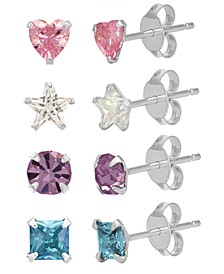 Children's  Colored Cubic Zirconia Shapes Stud Earrings - Set of 4  in Sterling Silver